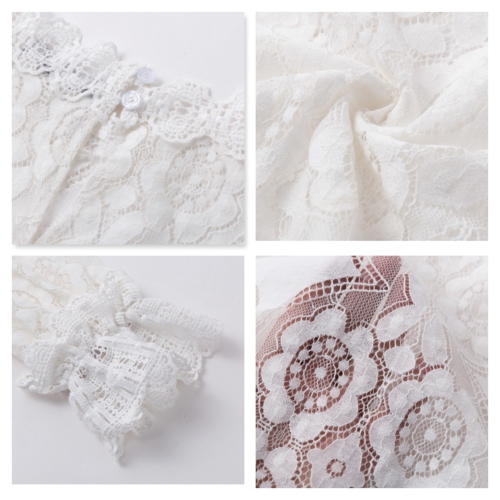 White Lace High Neck Long Sleeve Shirt - Picture 10 of 16